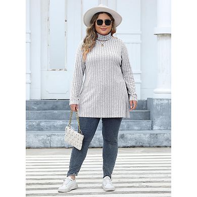 Womens Sweaters Solid Long Sleeve Ribbed Knit Turtleneck Plu Size Pullover Jumper Side Slit