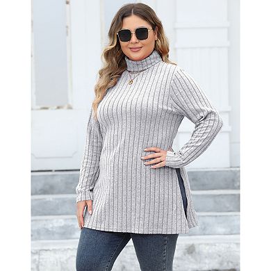 Womens Sweaters Solid Long Sleeve Ribbed Knit Turtleneck Plu Size Pullover Jumper Side Slit