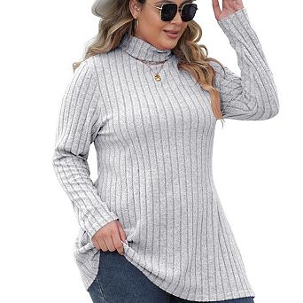 Womens Sweaters Solid Long Sleeve Ribbed Knit Turtleneck Plu Size Pullover Jumper Side Slit