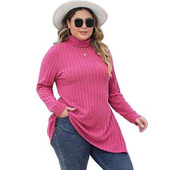 Womens Sweaters Solid Long Sleeve Ribbed Knit Turtleneck Plu Size Pullover Jumper Side Slit