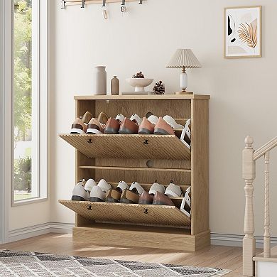 Fluted Shoe Cabinet with 2 Flip Drawers Slim Entryway Shoe Storage Organizer with Adjustable Shelves