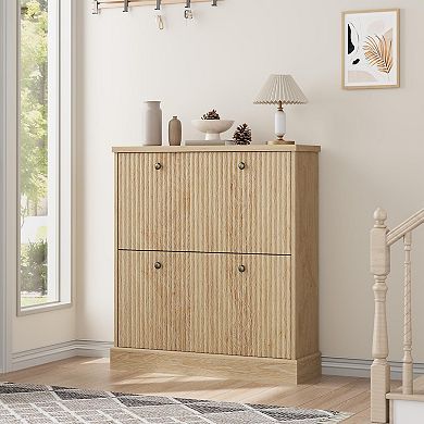 Fluted Shoe Cabinet with 2 Flip Drawers Slim Entryway Shoe Storage Organizer with Adjustable Shelves