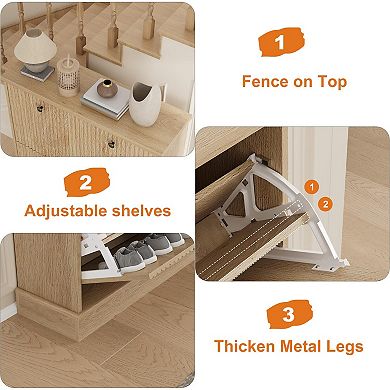 Fluted Shoe Cabinet with 2 Flip Drawers Slim Entryway Shoe Storage Organizer with Adjustable Shelves
