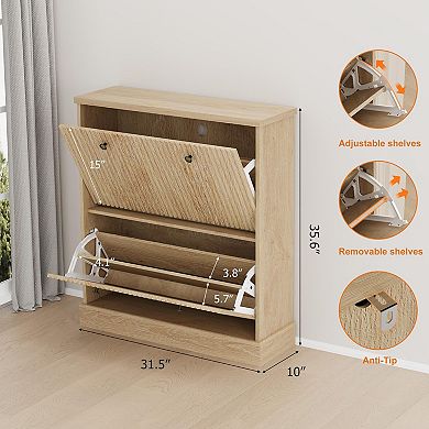 Fluted Shoe Cabinet with 2 Flip Drawers Slim Entryway Shoe Storage Organizer with Adjustable Shelves