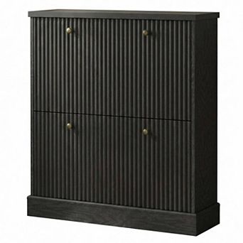 Fluted Shoe Cabinet with 2 Flip Drawers Slim Entryway Shoe Storage Organizer with Adjustable Shelves