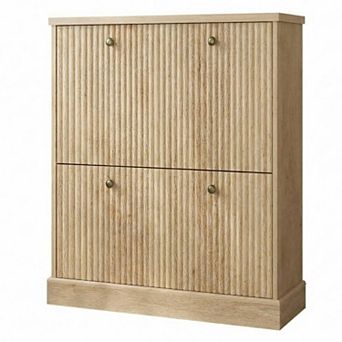 Fluted Shoe Cabinet with 2 Flip Drawers Slim Entryway Shoe Storage Organizer with Adjustable Shelves