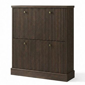 Fluted Shoe Cabinet with 2 Flip Drawers Slim Entryway Shoe Storage Organizer with Adjustable Shelves