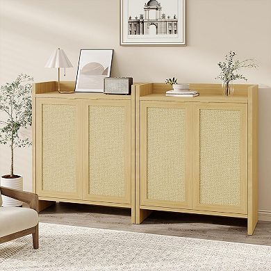 Rattan Shoe Cabinet 5-Tier Farmhouse Boho Shoe Storage Organizer with Adjustable Shelves