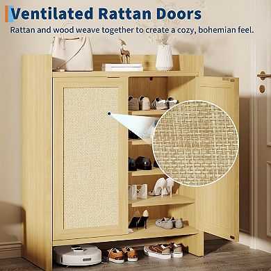 Rattan Shoe Cabinet 5-Tier Farmhouse Boho Shoe Storage Organizer with Adjustable Shelves