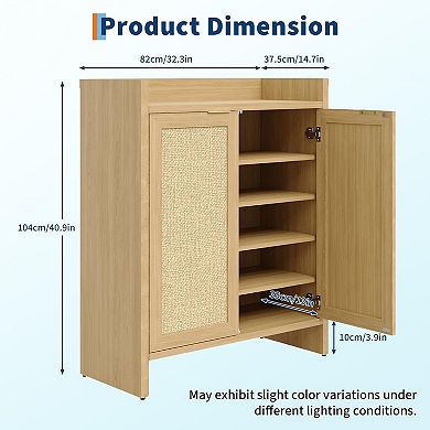Rattan Shoe Cabinet 5-Tier Farmhouse Boho Shoe Storage Organizer with Adjustable Shelves