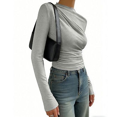 Women's Asymmetrical Ruched Top - High Neck Long Sleeve Stretchy Slim Fit Casual Work Shirt