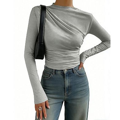 Women's Asymmetrical Ruched Top - High Neck Long Sleeve Stretchy Slim Fit Casual Work Shirt