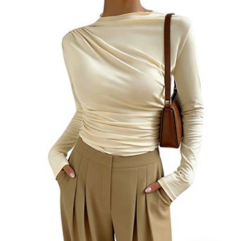 Women's Asymmetrical Ruched Top - High Neck Long Sleeve Stretchy Slim Fit Casual Work Shirt