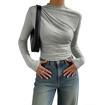 Women's Asymmetrical Ruched Top - High Neck Long Sleeve Stretchy Slim Fit Casual Work Shirt