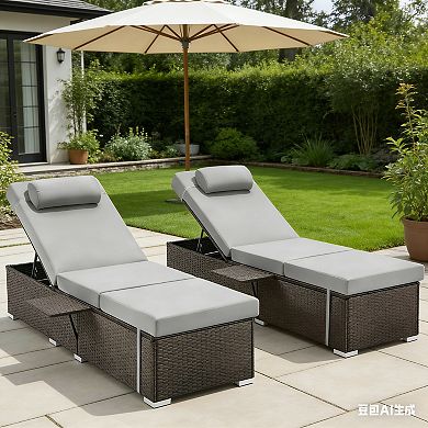 2-Pack Outdoor Chaise Lounge with Adjustable Backrest and 3 in. Thick Cushion for Outdoor