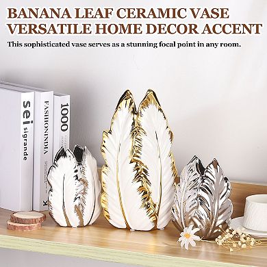 6.3 Inch Height Banana Leaf Ceramic Vase, Electroplated Modern Vase for Home Decor