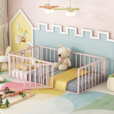 Lufeiya Twin Size Metal Floor Bed Frame with Fence, Door, and Open Base Design