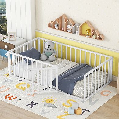 Lufeiya Twin Size Metal Floor Bed Frame with Fence, Door, and Open Base Design
