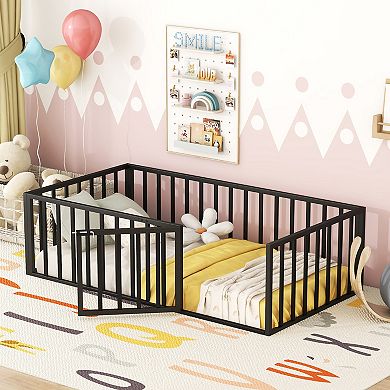 Lufeiya Twin Size Metal Floor Bed Frame with Fence, Door, and Open Base Design