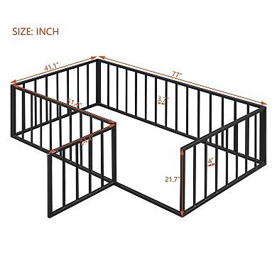 Lufeiya Twin Size Metal Floor Bed Frame with Fence, Door, and Open Base Design