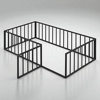 Lufeiya Twin Size Metal Floor Bed Frame with Fence, Door, and Open Base Design