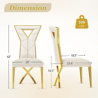 White Chenille Dining Chairs with Gold Legs Set of 2