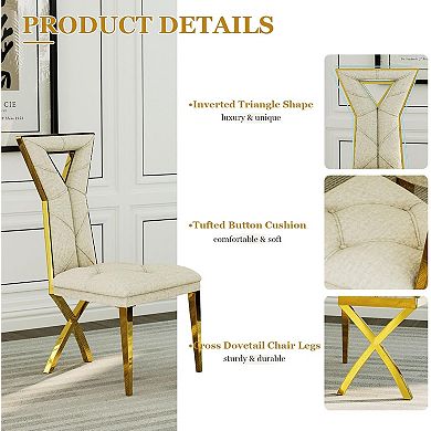 White Chenille Dining Chairs with Gold Legs Set of 2