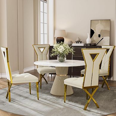 White Chenille Dining Chairs with Gold Legs Set of 2