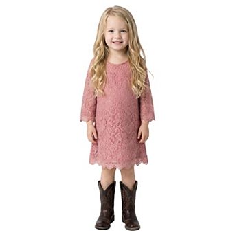 2Bunnies Girls' 4yr-6yr Boho Rustic Vintage Lace Scalloped Hem 3/4 Sleeve Shift Dress