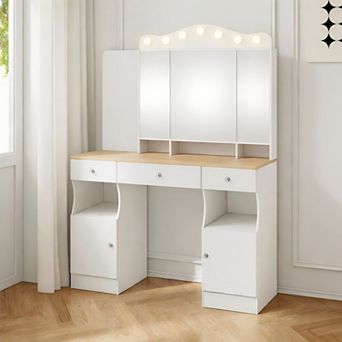 Lufeiya Vanity Desk with Mirror and Lights, Makeup Vanity with USB Power Strip, 3 Drawers, Cabinets