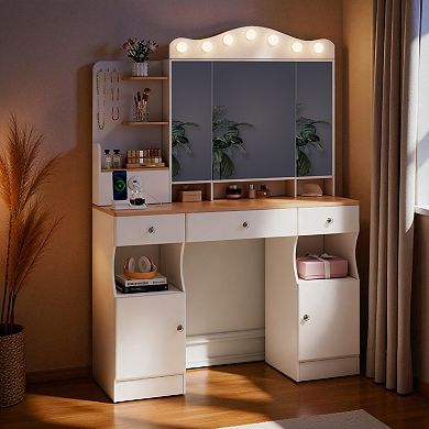 Lufeiya Vanity Desk with Mirror and Lights, Makeup Vanity with USB Power Strip, 3 Drawers, Cabinets