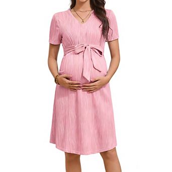 Women's Short Sleeve V-Neck Maternity Dress Summer Waist Tie Casual Flowy Pregnancy Dresses