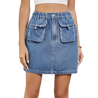 Women Elastic High Waist Denim Skirt with Zipper Pocket Casual Trendy Y2K Mini Skirt with Pockets
