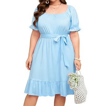 Women's Plus Size Square Neck Ruffle Hem Short Sleeve Dress Casual Summer Flowy Dresses with Belted