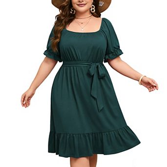 Women's Plus Size Square Neck Ruffle Hem Short Sleeve Dress Casual Summer Flowy Dresses with Belted