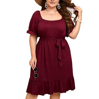 Women's Plus Size Square Neck Ruffle Hem Short Sleeve Dress Casual Summer Flowy Dresses with Belted