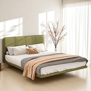 Lufeiya Full Size Platform Bed Frame with LED Lights, PU Leather Upholstered, Wood Slats