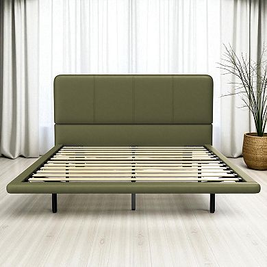 Lufeiya Full Size Platform Bed Frame with LED Lights, PU Leather Upholstered, Wood Slats