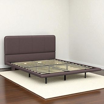 Lufeiya Full Size Platform Bed Frame with LED Lights, PU Leather Upholstered, Wood Slats