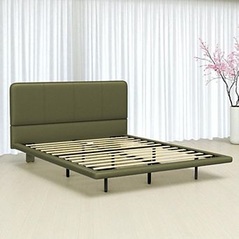 Lufeiya Full Size Platform Bed Frame with LED Lights, PU Leather Upholstered, Wood Slats