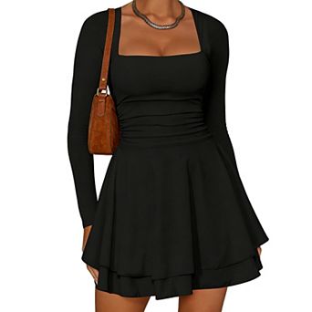 Women's Square Neck Long Sleeve Ruched Waist Mini Dress Layered Skirt Stretchy Bodycon Party Dress