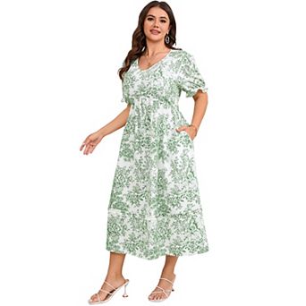 Women Plus Size Casual Puff Short Sleeve Flowy Dress
