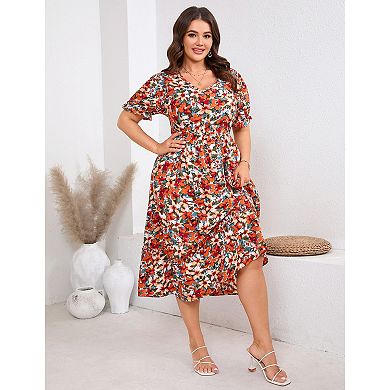 Women Plus Size Casual Puff Short Sleeve Flowy Dress