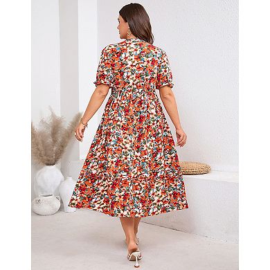 Women Plus Size Casual Puff Short Sleeve Flowy Dress