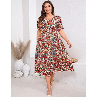 Women Plus Size Casual Puff Short Sleeve Flowy Dress