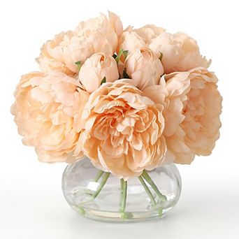 Silk Faux Peonies Artificial Flowers, Realistic Fake Peony Bouquet in Glass Vase with Faux Water