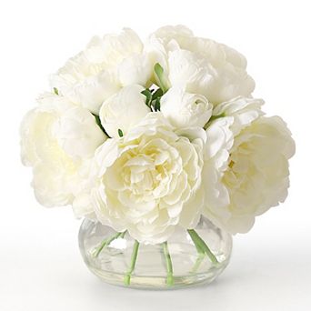 Silk Faux Peonies Artificial Flowers, Realistic Fake Peony Bouquet in Glass Vase with Faux Water