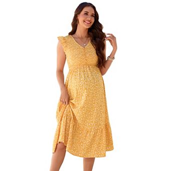 Womens Maternity Ruffle Short Sleeve Boho Midi Dress Summer Button V-Neck Smocked Casual Maxi Dress