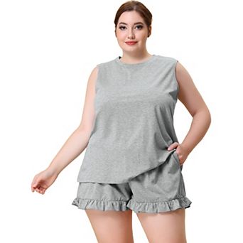 Women's Plus Size Pajamas Set Ruffle Knit Sleeveless Tank Top 2 pc PJ Sets Loungewear