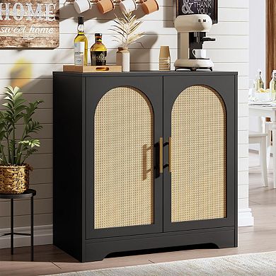 31.5 Inch Sideboard Buffet Cabinet,Modern Console Table Storage with 2 Rattan Doors and Shelves
